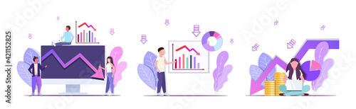 businesspeople analyzing downward charts frustrated about economic arrow falling down financial crisis bankruptcy concepts collection horizontal