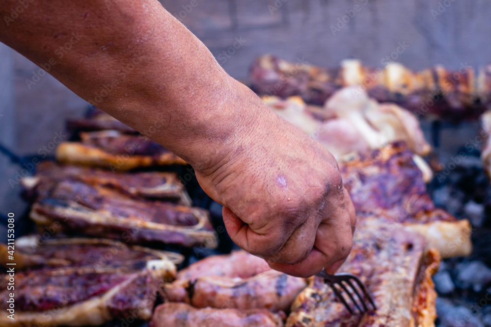 bricklayer construction worker grilled meat on Friday street