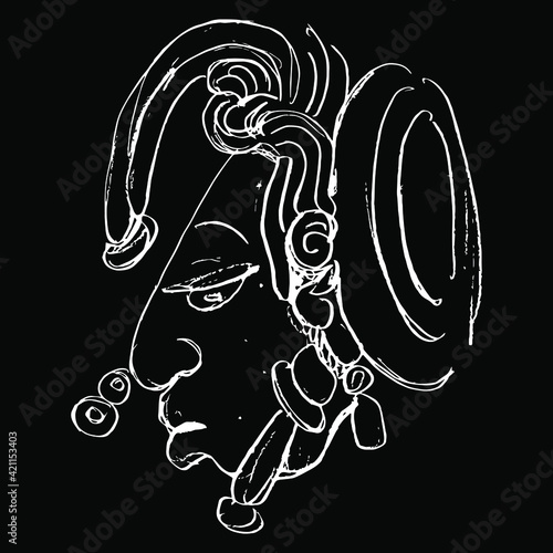 Head in profile of ancient Mayan man. Native American Indian art of ancient Mexico or Guatemala. Hand drawn linear rough sketch. White silhouette on black background.