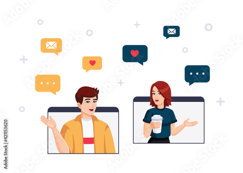 Vector flat illustration about social networks, video conference, chatting, online dating, online communication. Boy and girl talking on videoconference © Kate Artery19