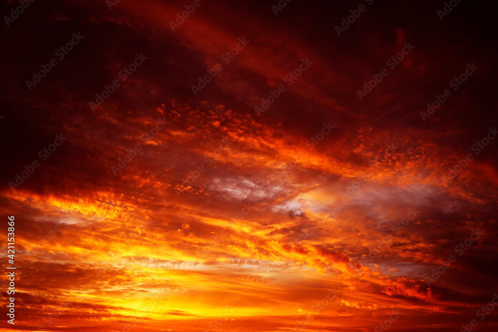 Abstract dark red background. Dramatic fiery bloody sky. Fantastic golden sunset background with copy space for design. Halloween, evil, armageddon, apocalypse concept. Web banner.