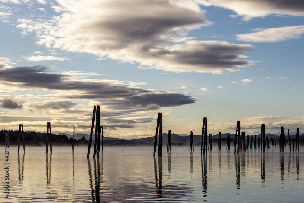 Wood pilings in the Pend Oreille RIver in October in Cusick, Washington.