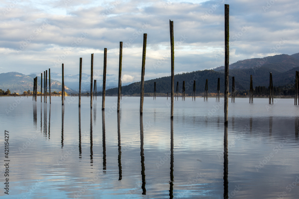 Wood pilings in the Pend Oreille RIver in October in Cusick, Washington. Wood pilings in the Pend Oreille RIver in October in Cusick, Washington.