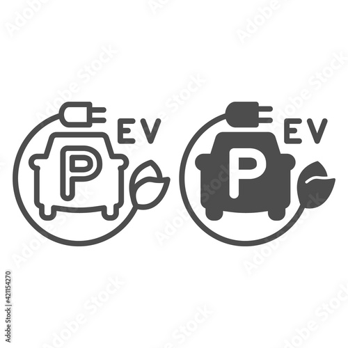 Car parking with EV charging line and solid icon, electric car concept, Electrical car parking symbol on white background, EV charging station icon in outline style for mobile, web. Vector graphics.