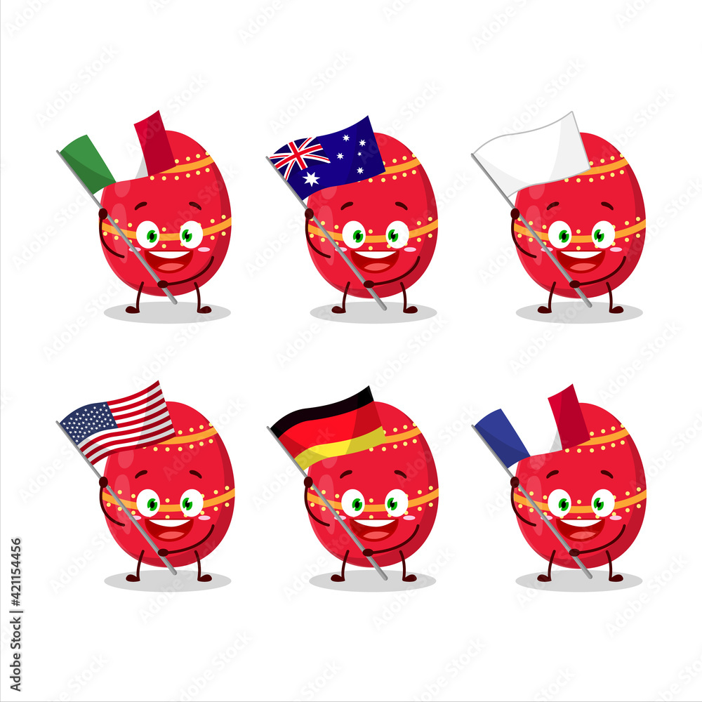 Fototapeta premium Red easter egg cartoon character bring the flags of various countries