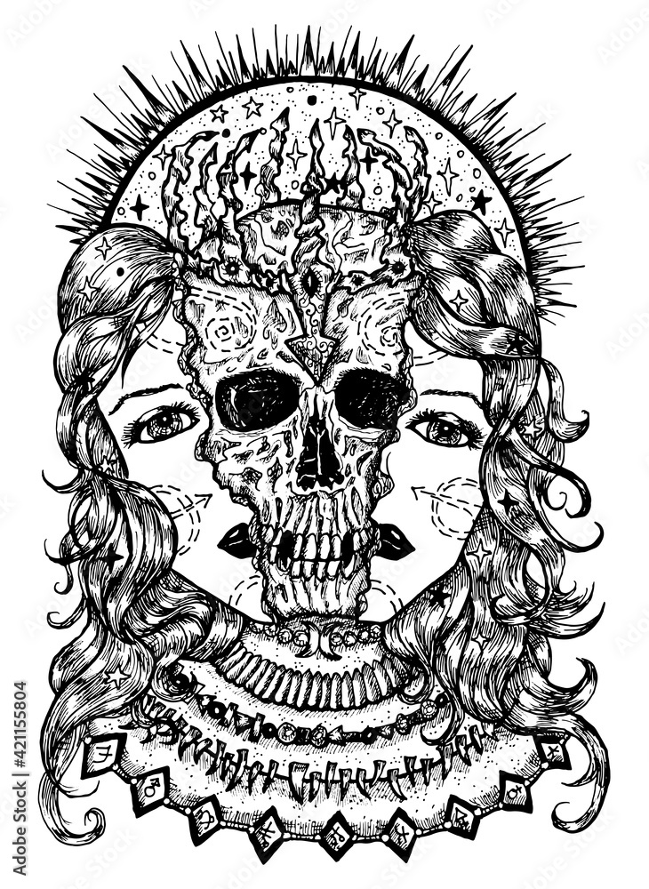 Black and white illustration with halves of woman face and scary skull between them. Mystic background for Halloween, esoteric, gothic, heavy metal or occult concept Black and white illustration with halves of woman face and scary skull between them. Mystic background for Halloween, esoteric, gothic, heavy metal or occult concept