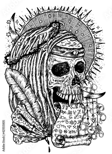 Black and white illustration with human skull wearing crown of thorns, in monk cloak with manuscript and quill. Mystic background for Halloween, esoteric, gothic, heavy metal or occult concept