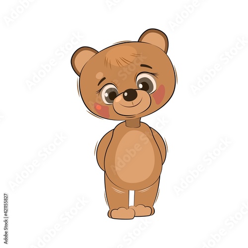 Little cub bear. Teddy. Isolated object on a white background. Cheerful kind animal child. Cartoons flat style. Funny. Vector