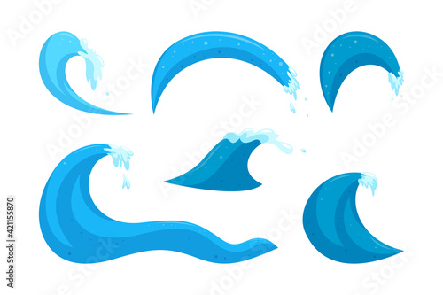 Ocean wave elements. Surfing water set with waves and splashes. Cartoon vector illustration collection isolated on white background