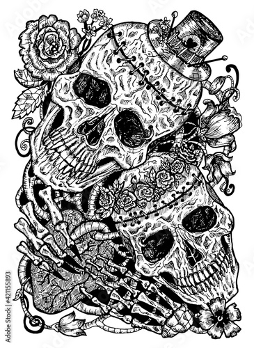 Black and white illustration with two skulls of lovers holding heart, decorated with flowers. Mystic background for Halloween, esoteric, gothic, heavy metal or occult concept