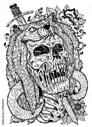 Black and white illustration with scary skull, beast coat and sword. Mystic background for Halloween, esoteric, gothic, heavy metal or occult concept