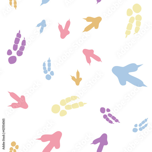 Dinosaur footprint tracks. Minimal color seamless pattern. Background with paw, claw predator. Dinosaur footprint seamless pattern perfect for textile, wrap and wallpaper and design.