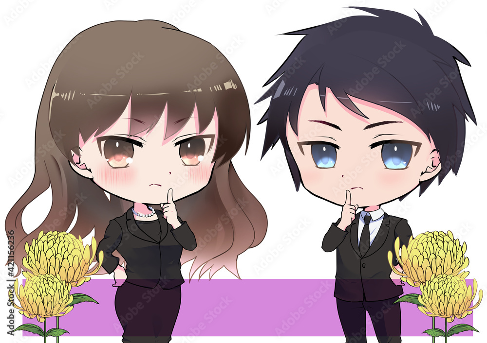 イラスト素材 喪服を着た男女 静かにお願いのイメージ挿絵 Stock Illustration Adobe Stock