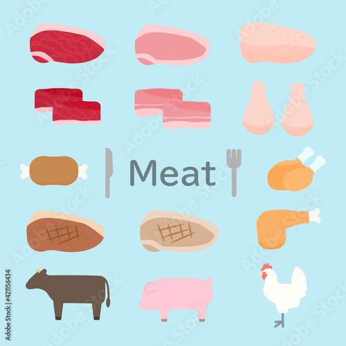 シンプルでかわいいお肉のイラストセット フラットデザイン