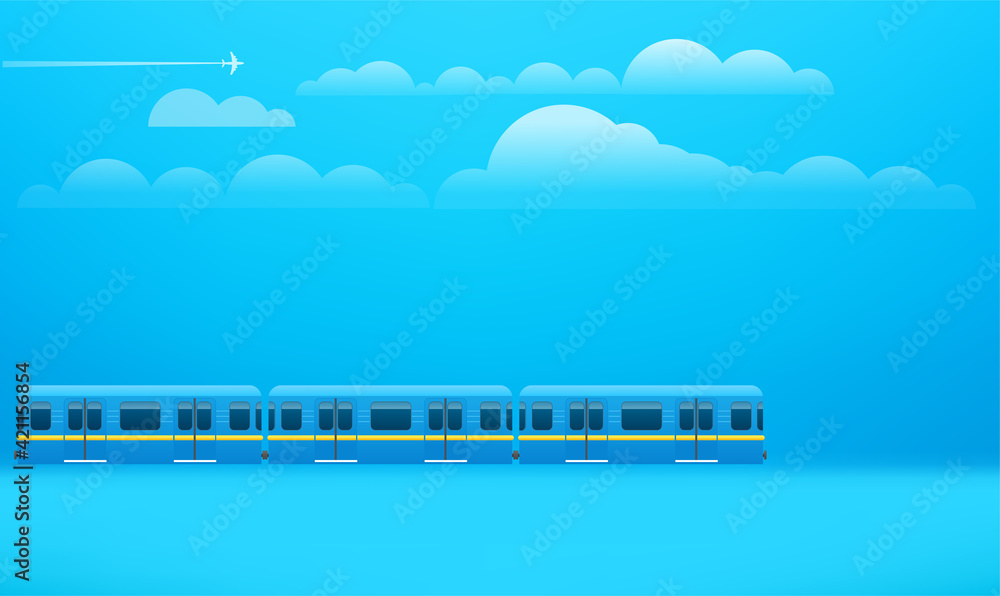 Retro train on the way. Illustration with clouds