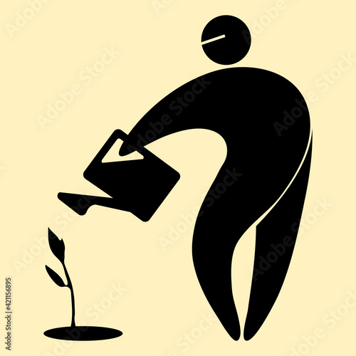 Vector stylized silhouette of a man поливает seedlings. Icon, symbol, logo, pictogram. The concept of spring and summer work on a personal, agricultural plot, ecology, plant care