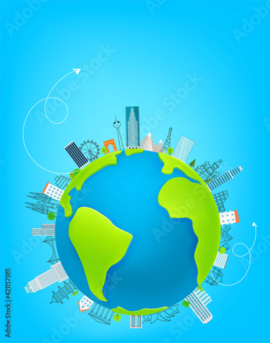 World travel concept with famous world sights. Banner with copy space