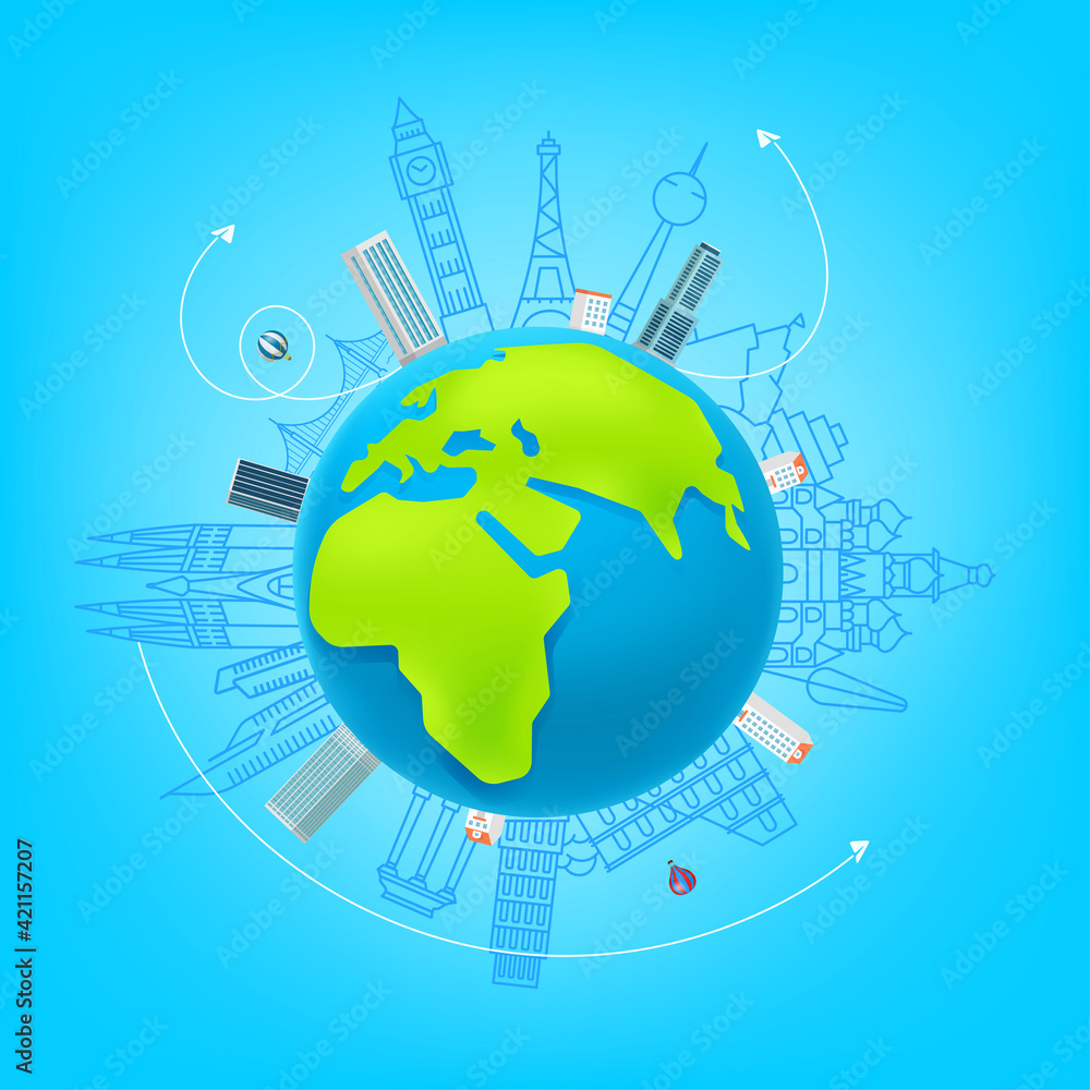 Naklejka premium World travel vector concept. illustration with sights