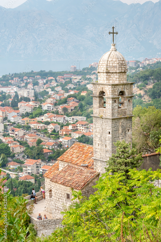 Church of Our Lady of Remedy with Old Town in the background, Kotor, Montenegro.