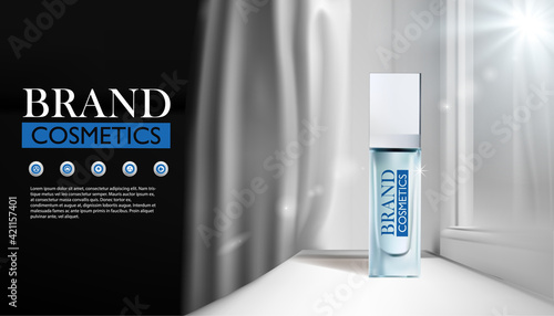 Ad template for beauty product, bottle mock-up with sunlight light from window , Cosmetology and beauty concept,vector illustration.  