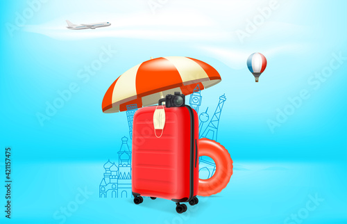 Vacation on pandemic. Concept with red plastic suitcase and protection mas