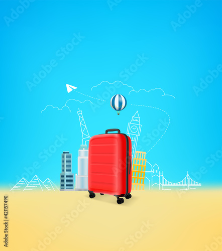 Photoreal suitcase with different travel famous sights on a beachю Illustration with copyspace