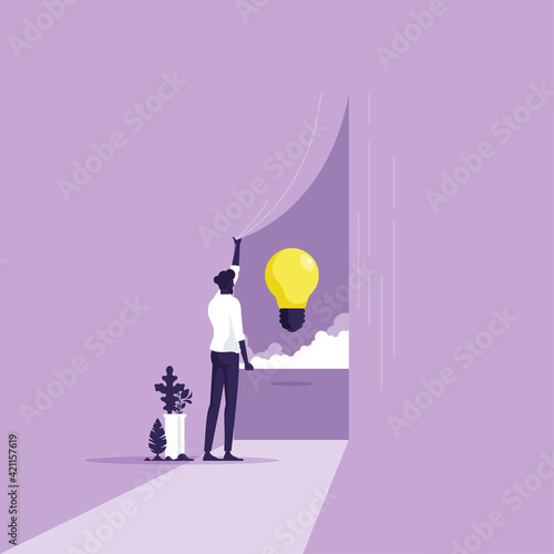 Business creativity and finding solution vector concept with businessman opening Curtain  trying to get some new ideas, innovations, inventions