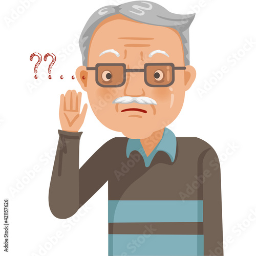 Deafness old man. Old senior man he has reduced hearing problems. Elderly men suffer from physical deterioration in old age.