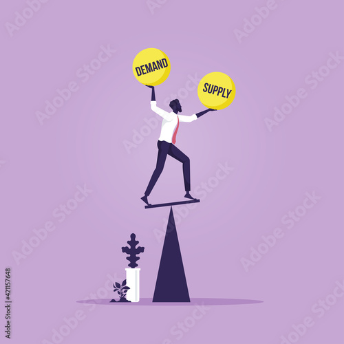 Demand and supply balance-Economic Concept, Businessman try balance Demand and supply ball on seesaw