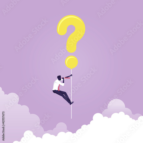 Finding solution and problem solving vector concept, Businessman hanging question mark balloon and holding telescope search for answer, finding solution and problem solving