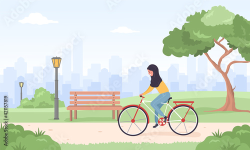 Arab woman in hijab on bicycle rides around city. Spring or summer landscape. Cute happy young girl on bike at park. Sports and leisure outdoor activity. Vector illustration in flat cartoon style.