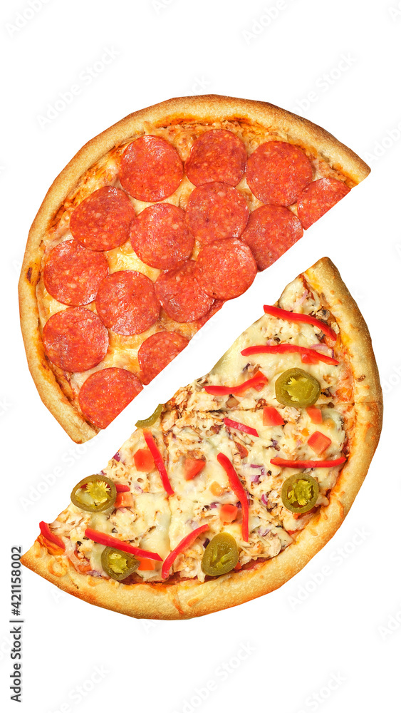Pizza, two halves isolated on a white background. Versus concept. Appetizing pizza. Pizza, two halves isolated on a white background. Versus concept. Appetizing pizza.