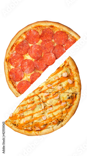 Pizza, two halves isolated on a white background. Versus concept. Appetizing pizza.