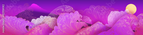 Line art design of waves, mountain, modern hand-drawn vector background, gold ink pattern. Minimalist Asian style.