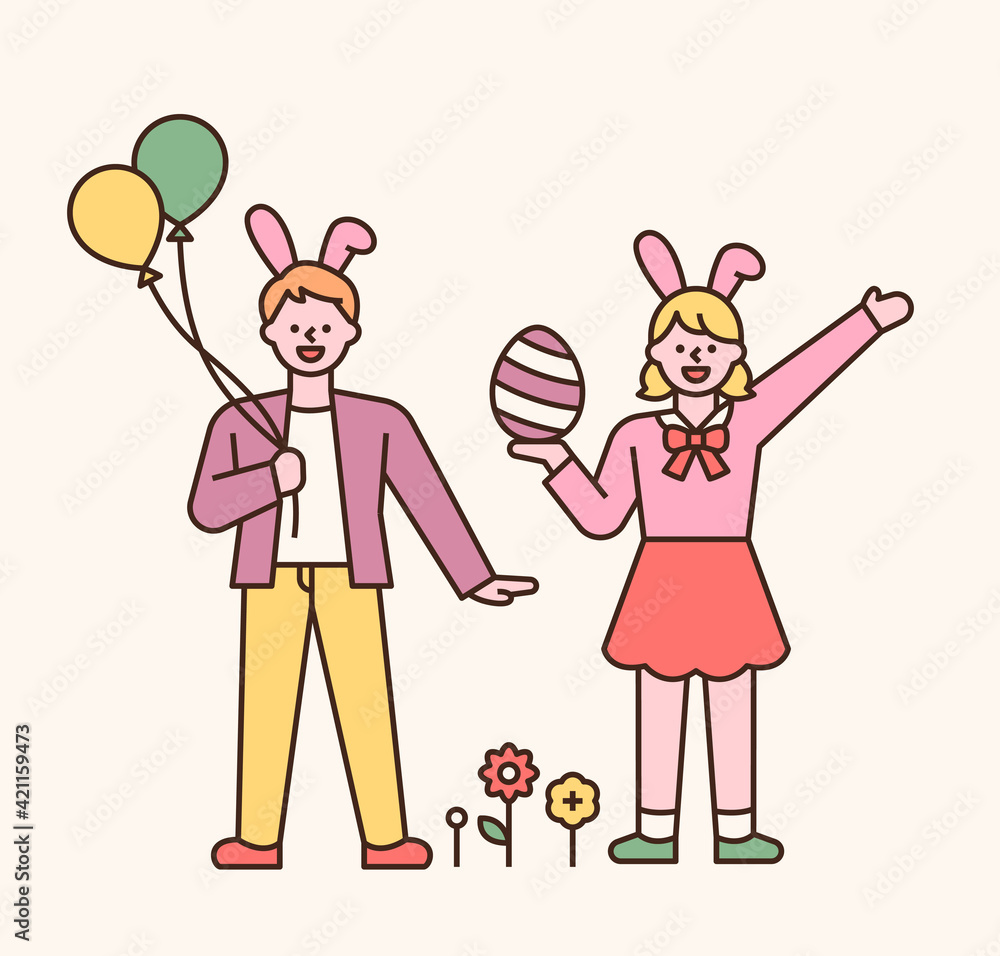 Easter characters. Boys and girls in rabbit headbands. They are holding balloons and Easter eggs in their hands. flat design style minimal vector illustration. Easter characters. Boys and girls in rabbit headbands. They are holding balloons and Easter eggs in their hands. flat design style minimal vector illustration.