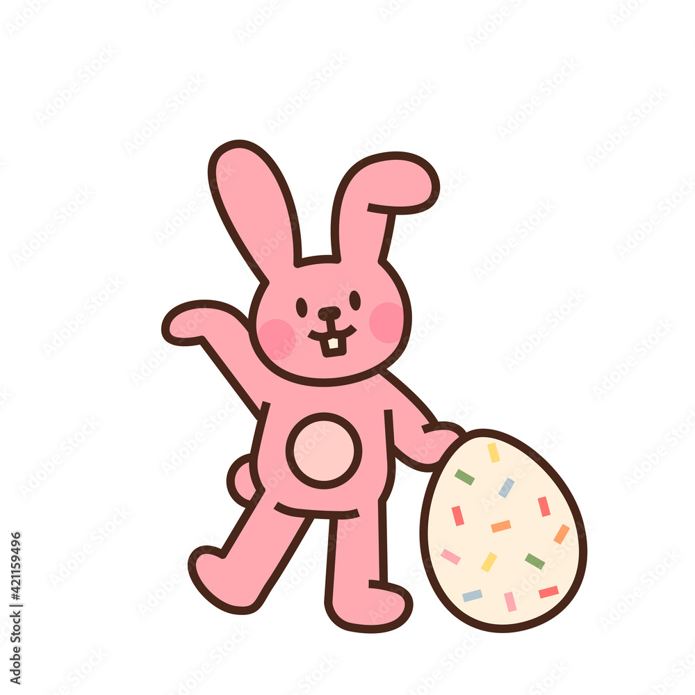 Cute easter bunny character. A pink rabbit stands with an Easter egg. flat design style minimal vector illustration. Cute easter bunny character. A pink rabbit stands with an Easter egg. flat design style minimal vector illustration.
