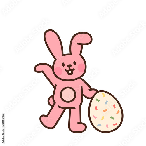 Cute easter bunny character. A pink rabbit stands with an Easter egg. flat design style minimal vector illustration.