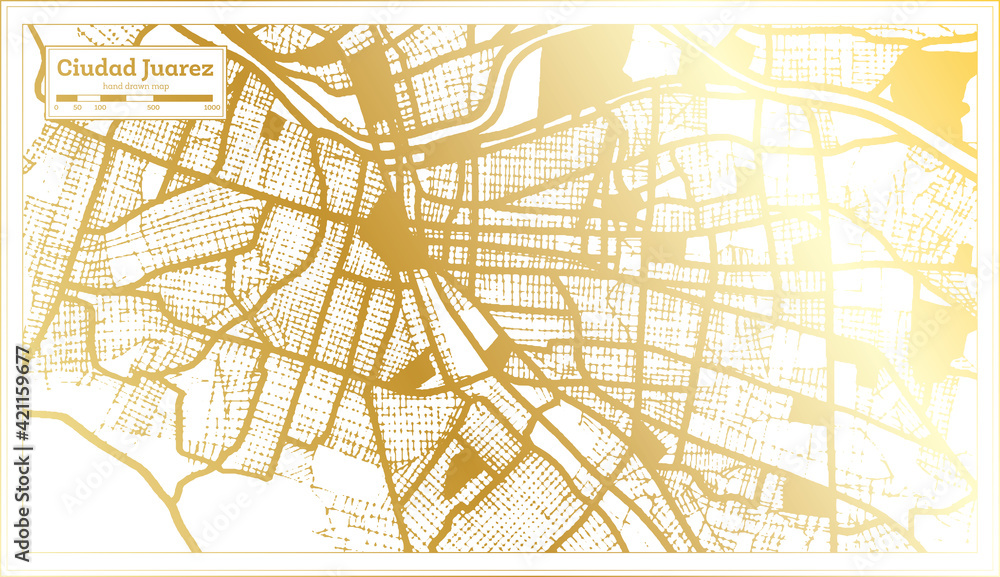 Ciudad Juarez Mexico City Map in Retro Style in Golden Color. Outline Map.