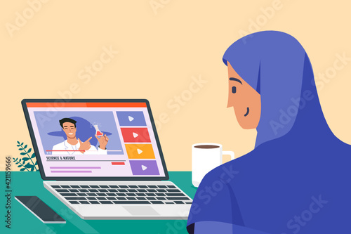 Young Woman Learn Online Study by Watching Course or Tutorial Video Flat Vector Illustration. Can be Used for Digital and Printable Infographic. 