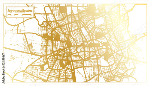Aguascalientes Mexico City Map in Retro Style in Golden Color. Outline Map.