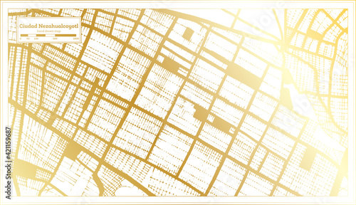 Ciudad Nezahualcoyotl Mexico City Map in Retro Style in Golden Color. Outline Map.