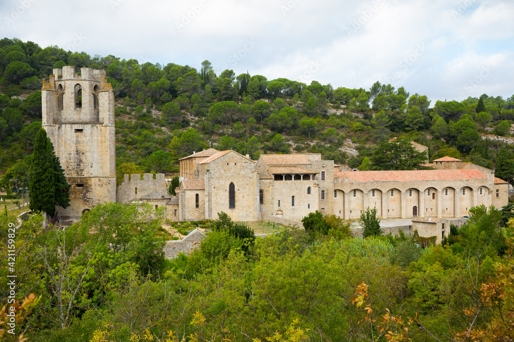 Historical view of Castle of Abbey Sainte-Marie d'Orbieu in Lagrasse, France