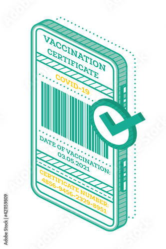 Vaccination Certificate on Screen of Smartphone with Barcode. Isometric International Certificate of Immunization.
