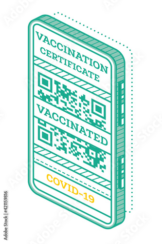 Vaccination Certificate on Screen of Smartphone with QR code. Isometric International Certificate of Immunization.