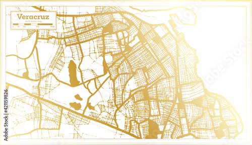 Veracruz Mexico City Map in Retro Style in Golden Color. Outline Map.