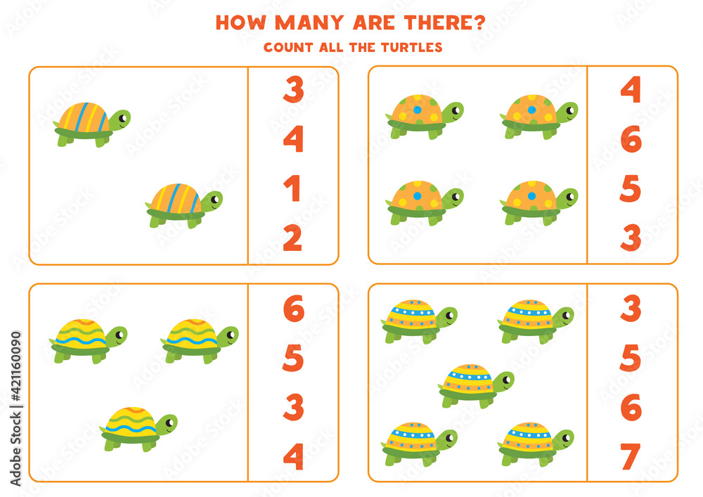 Counting game with cute turtles. Math worksheet.