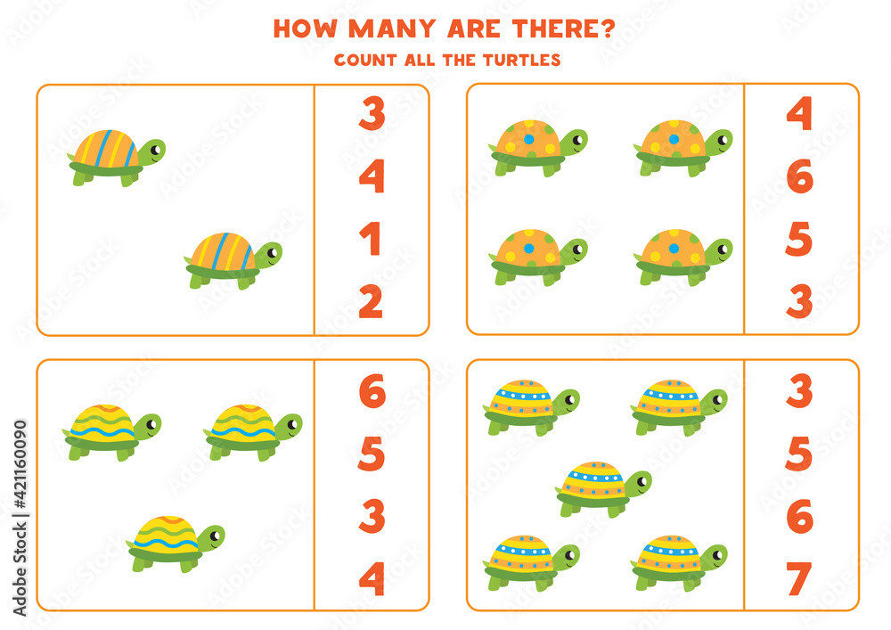 Counting game with cute turtles. Math worksheet. Counting game with cute turtles. Math worksheet.