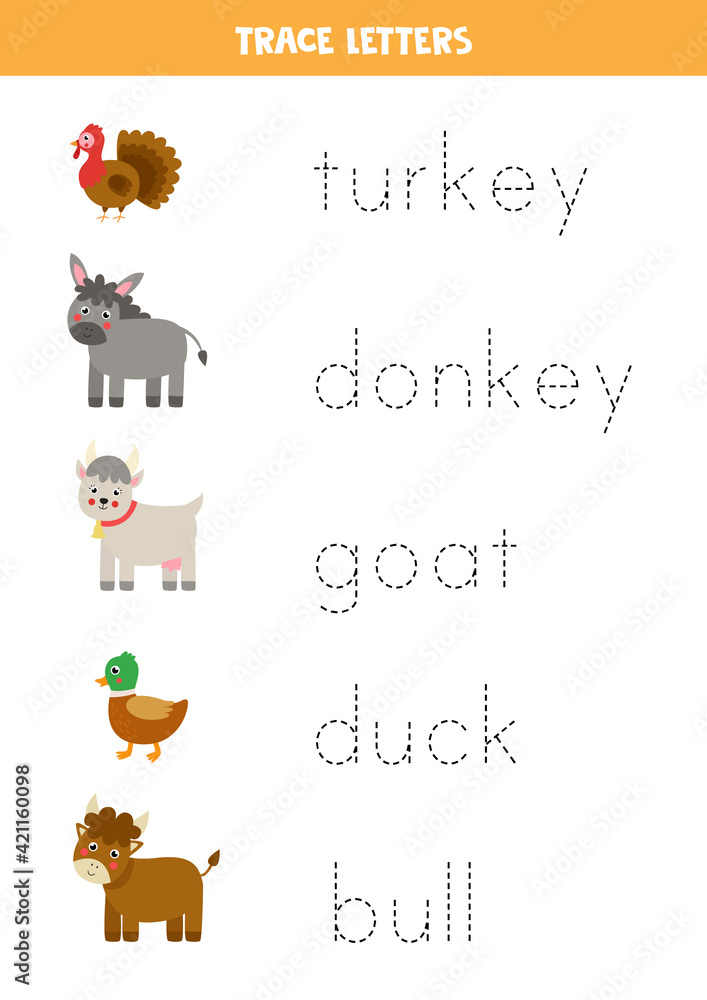 Tracing letters with cute farm animals. Writing practice.