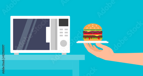 hand holding burger microwave heat the fastfood vector flat illustration