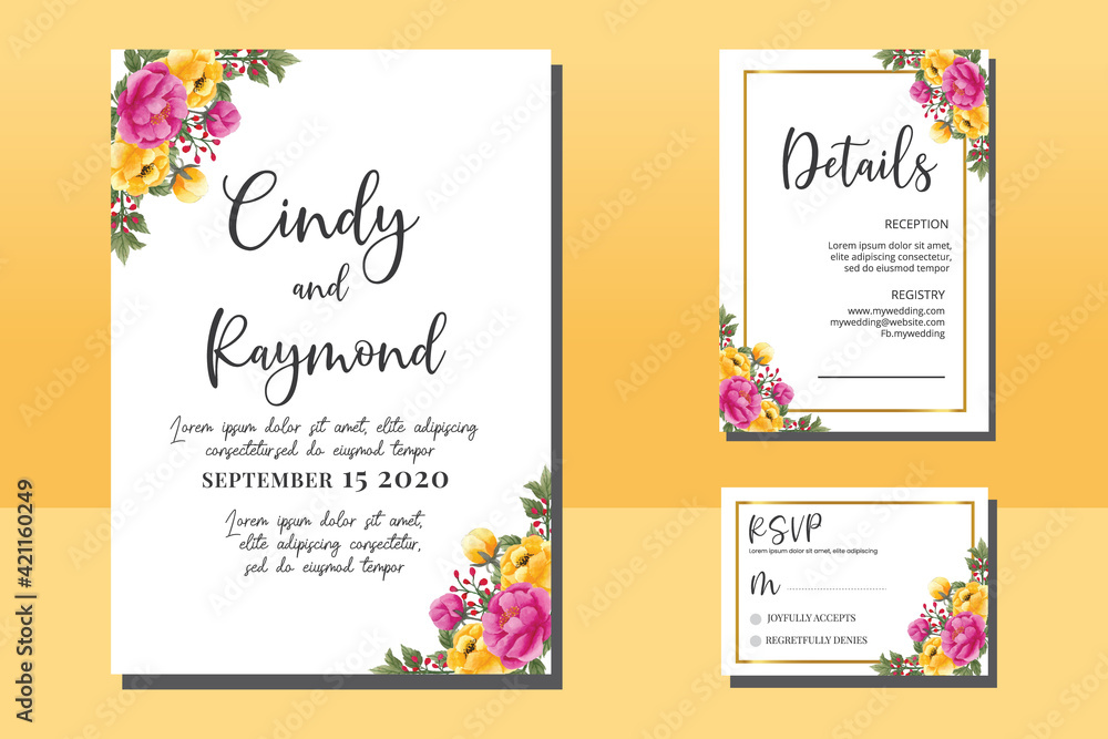 Wedding invitation frame set, floral watercolor hand drawn Peony Flower design Invitation Card Template